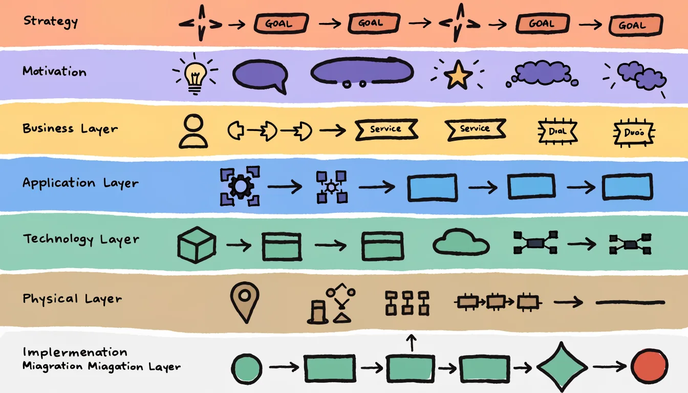 Sketchnote der sieben ArchiMate-Ebenen von Strategy bis Implementation mit BPMN-Symbolen
