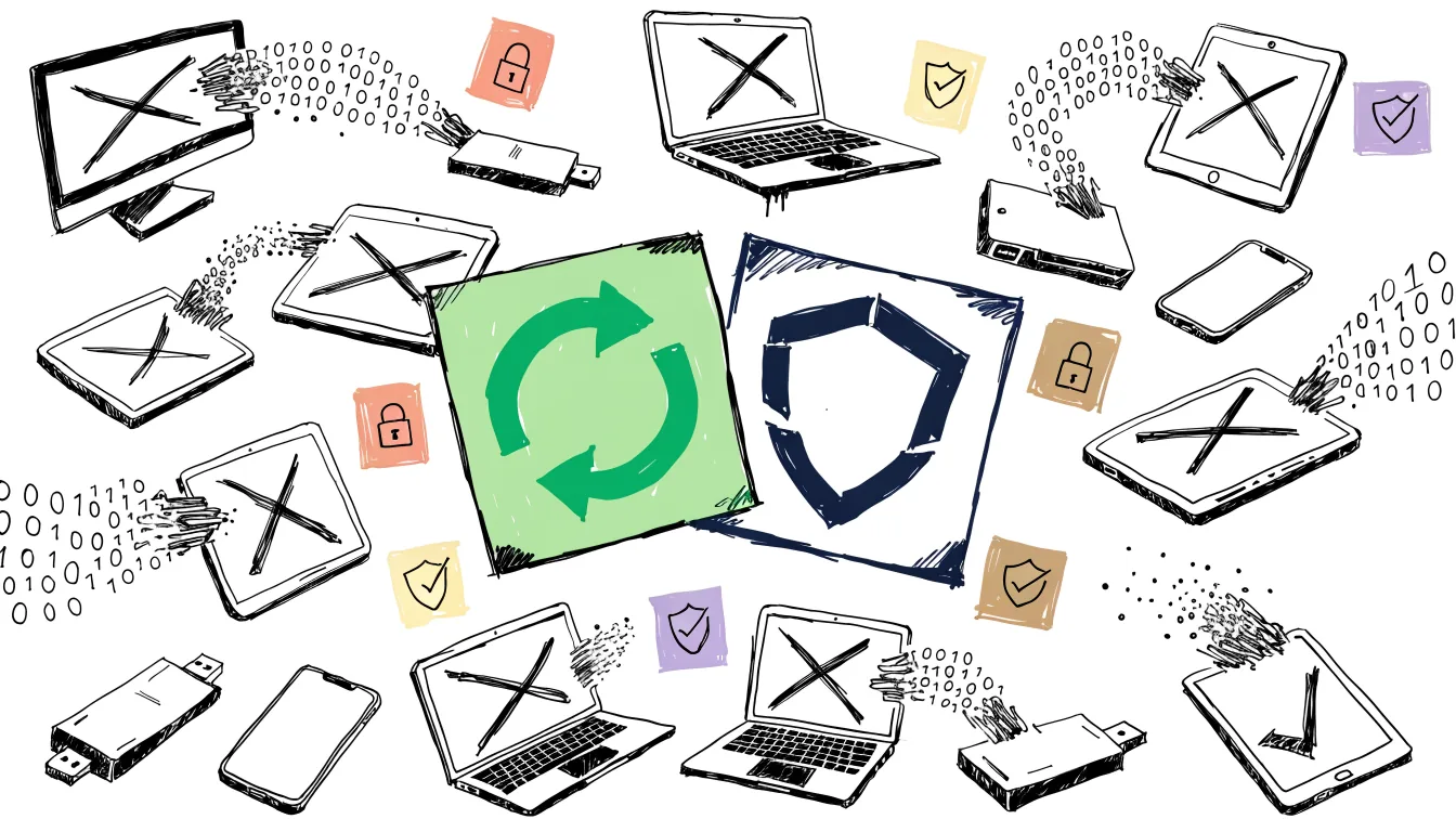 Sketchnote: viele durchgestrichene Geräte, in der Mitte Recycling-Symbol und Schutzschild