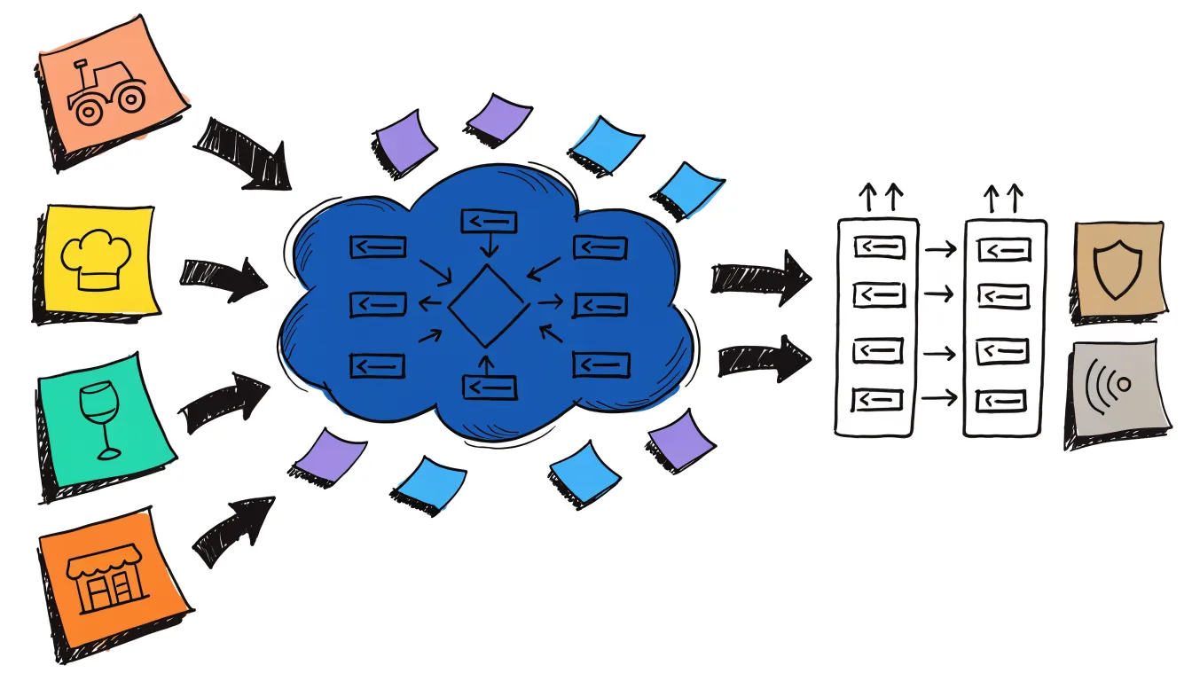 Sketchnote: Kunden-Kärtchen führen in eine blaue Cloud, dahinter zwei Server-Racks im Cluster