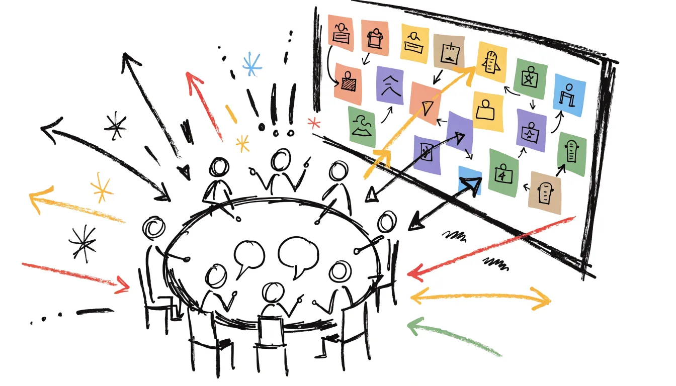 Sketchnote: acht Personen an einem runden Tisch vor einem Board mit bunten Kärtchen